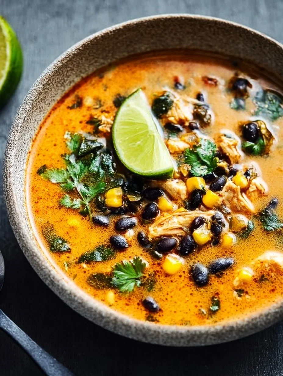 Bowl of delicious Chicken Poblano Soup garnished with fresh cilantro and lime.