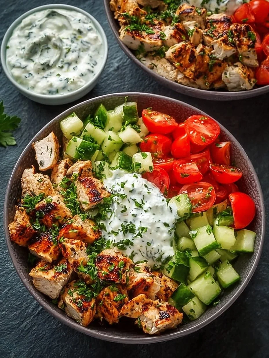 Delicious Chicken Tzatziki Bowl with fresh ingredients and tzatziki sauce
