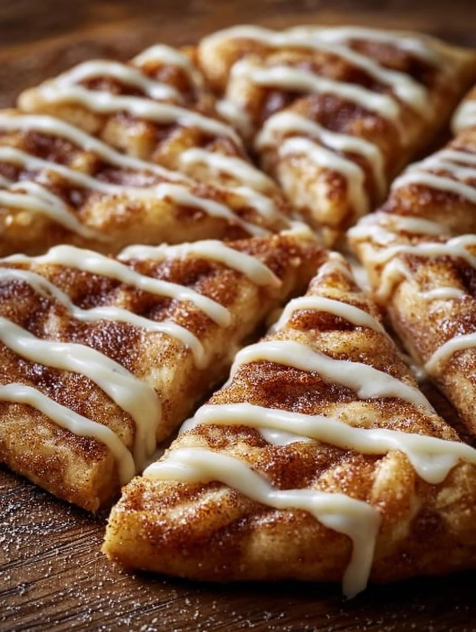 Delicious cinnamon-sugar pizza topped with cinnamon and sugar on crescent roll dough.