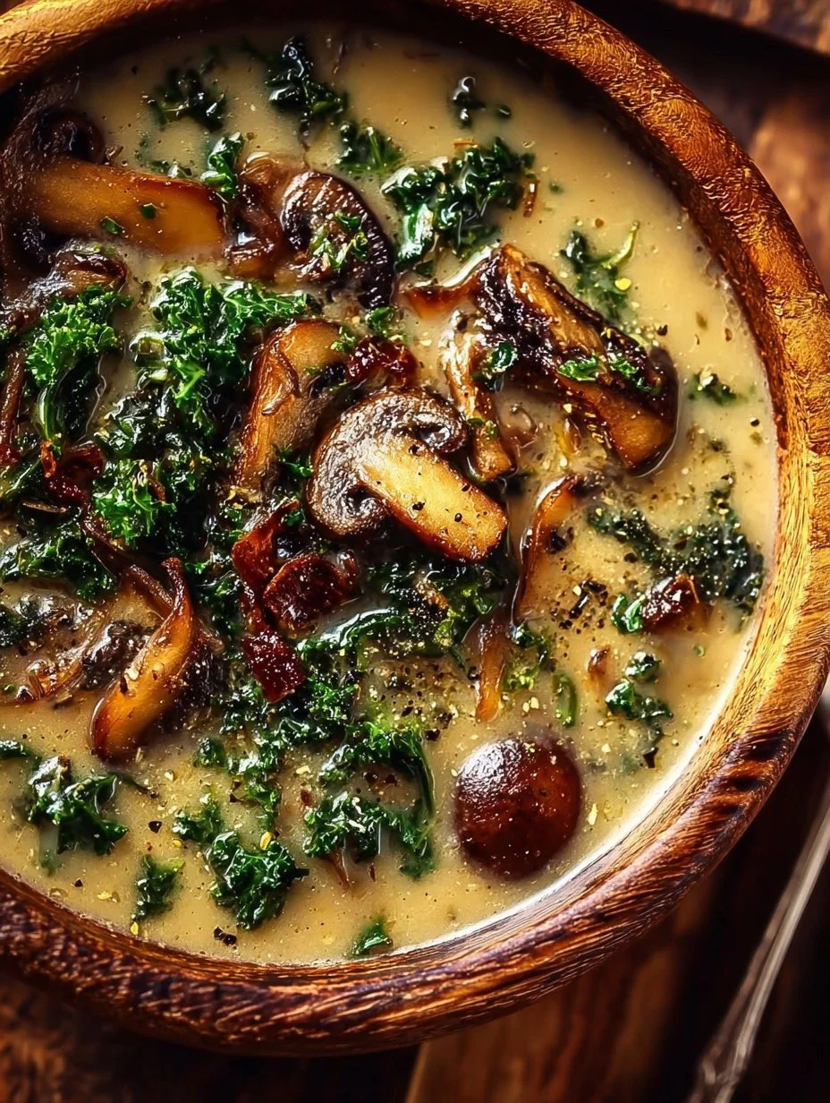 Comforting Wild Mushroom, Caramelized Onion and Kale Soup - homefoodkitchen