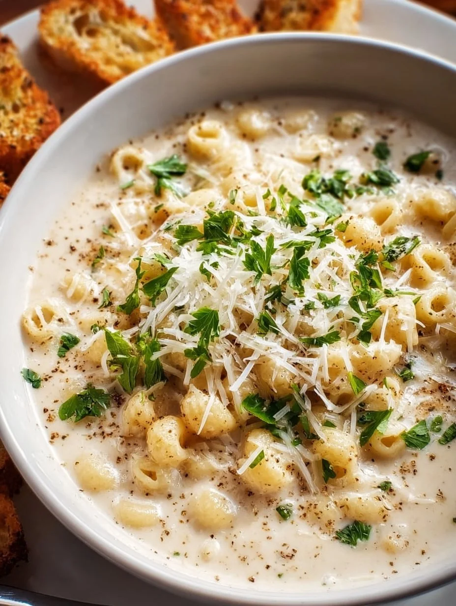 Delicious bowl of creamy Garlic Parmesan Soup topped with herbs