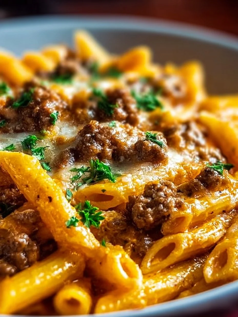 Creamy high protein beef pasta dish with fresh herbs and ingredients