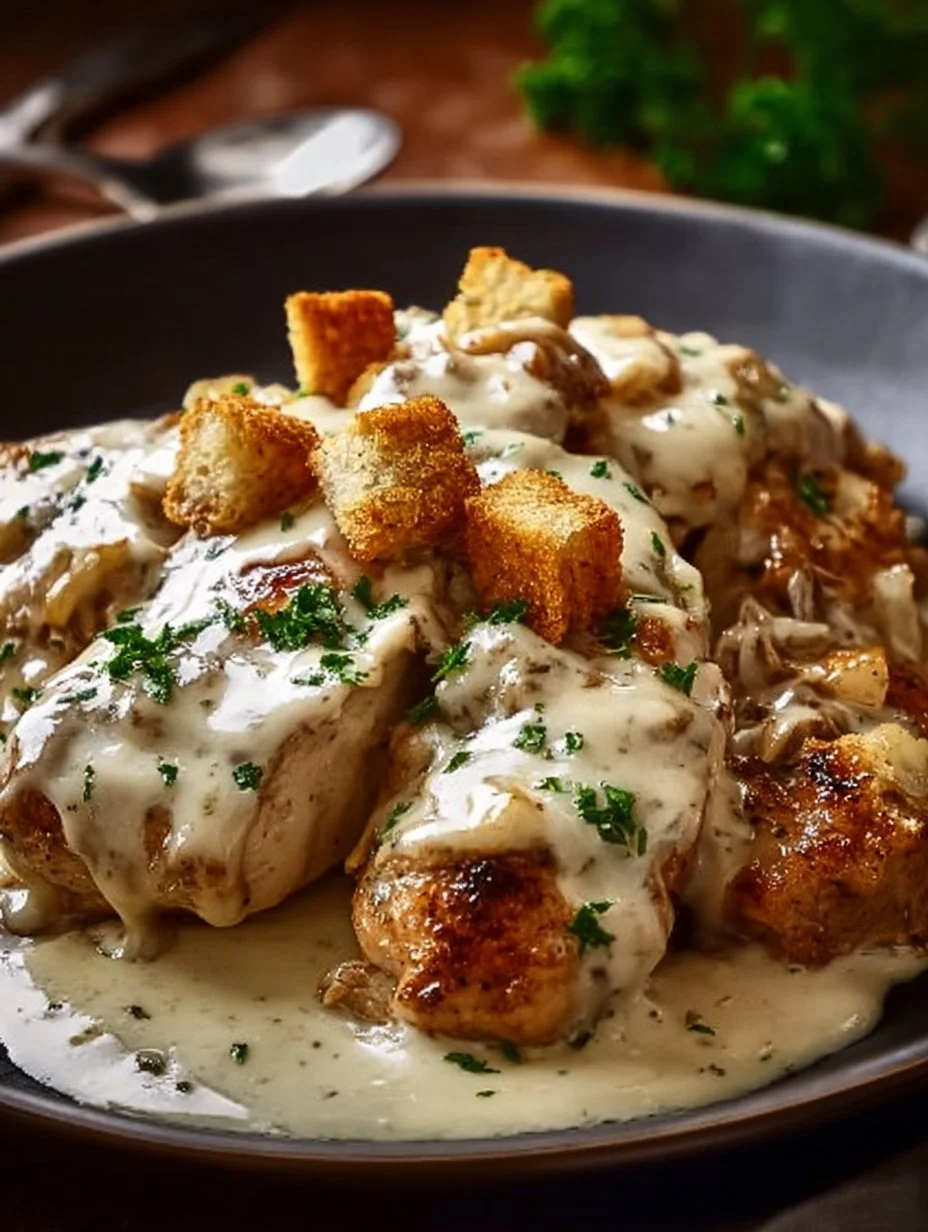 Creamy jack cheese chicken dish topped with melted cheese and herbs