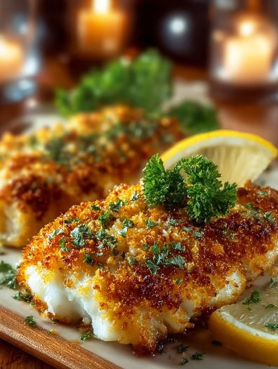 Crispy air fryer Parmesan crusted cod fillet ready to serve.