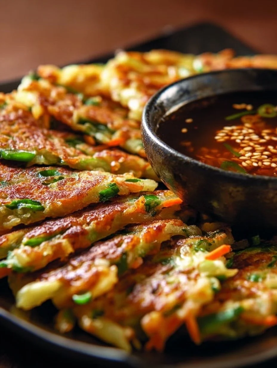 Crispy vegetable pancakes with Asian dipping sauce served on a plate