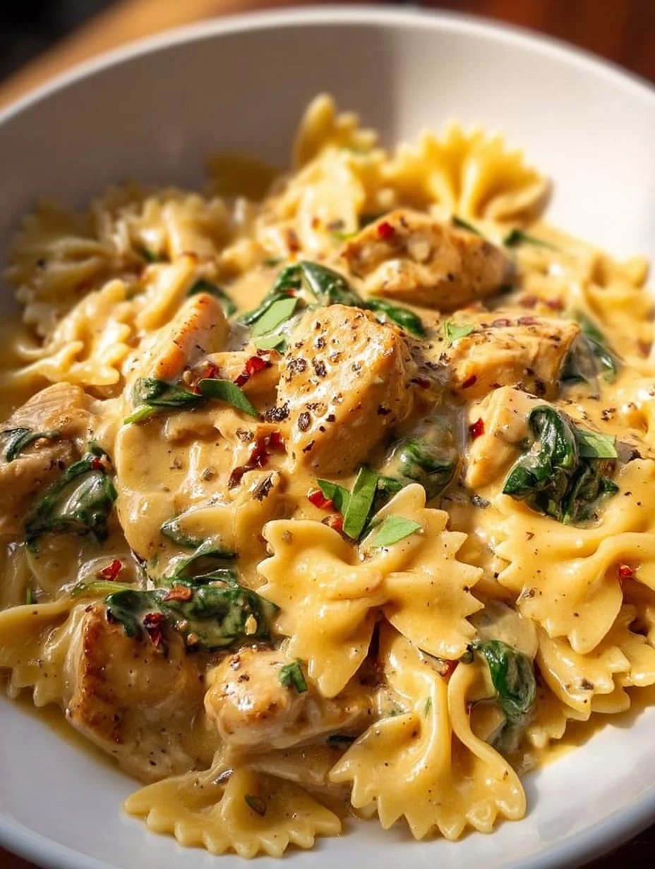 Bowl of Dairy Free Chicken Alfredo pasta topped with fresh herbs and chicken chunks