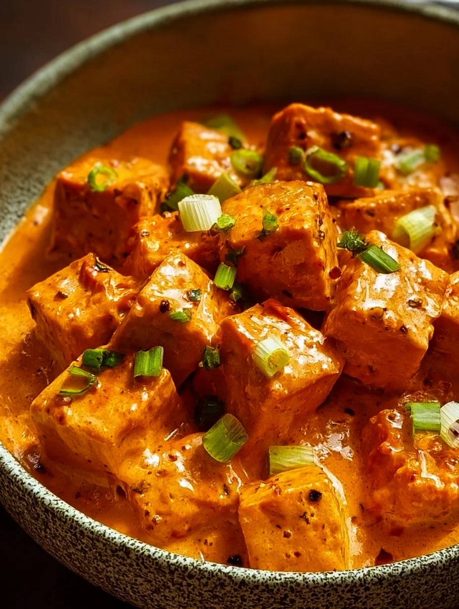 Delicious spicy tofu dish with creamy coconut sauce served on a plate.