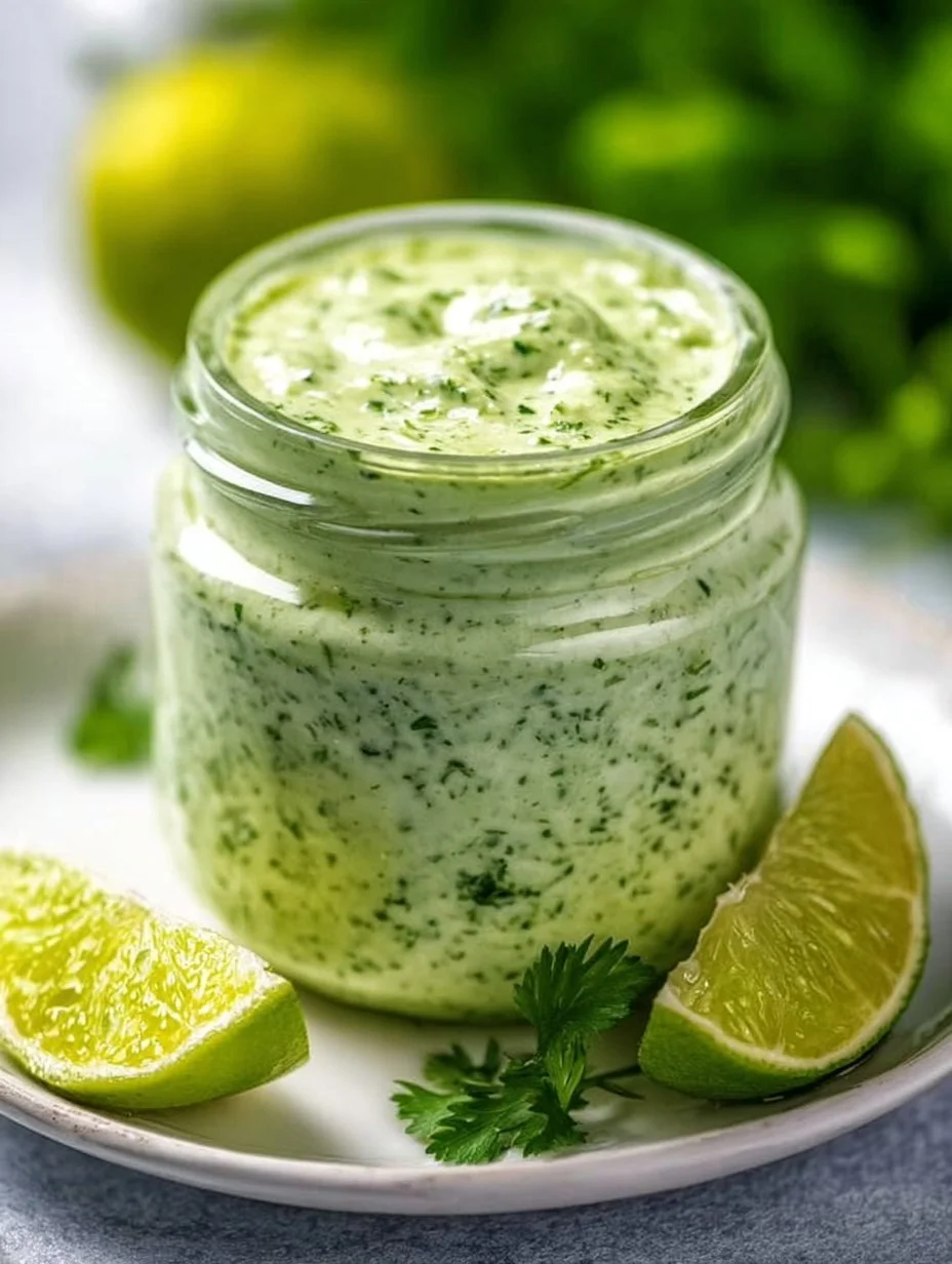 Creamy cilantro garlic sauce with jalapeños and limes served in a bowl