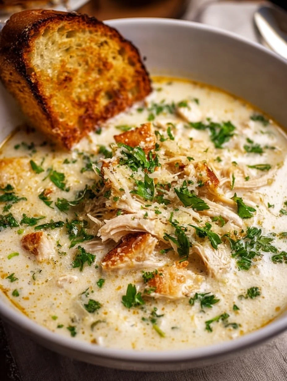 Bowl of easy garlic parmesan chicken soup garnished with parsley and breadsticks.