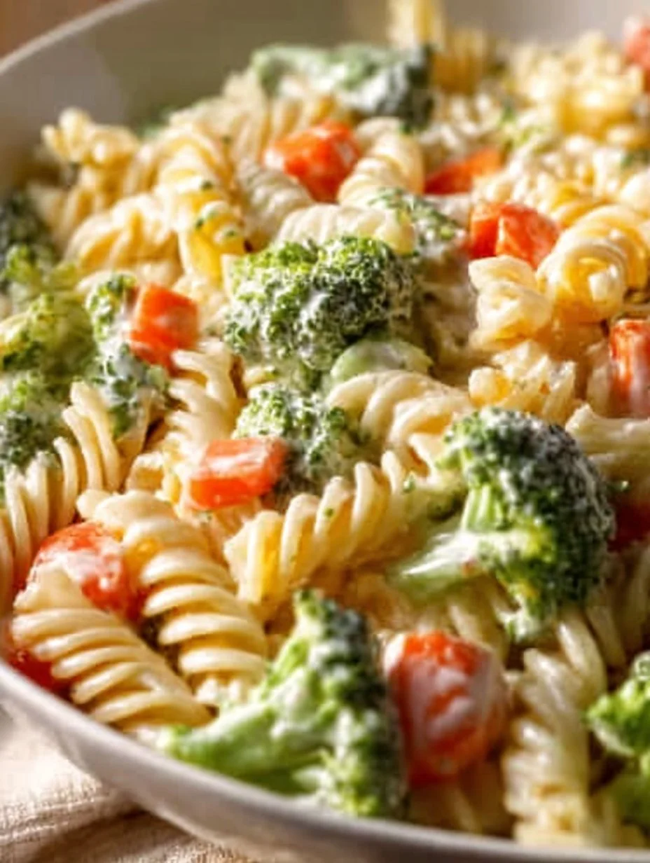Bowl of fresh ranch pasta salad with colorful veggies and creamy dressing
