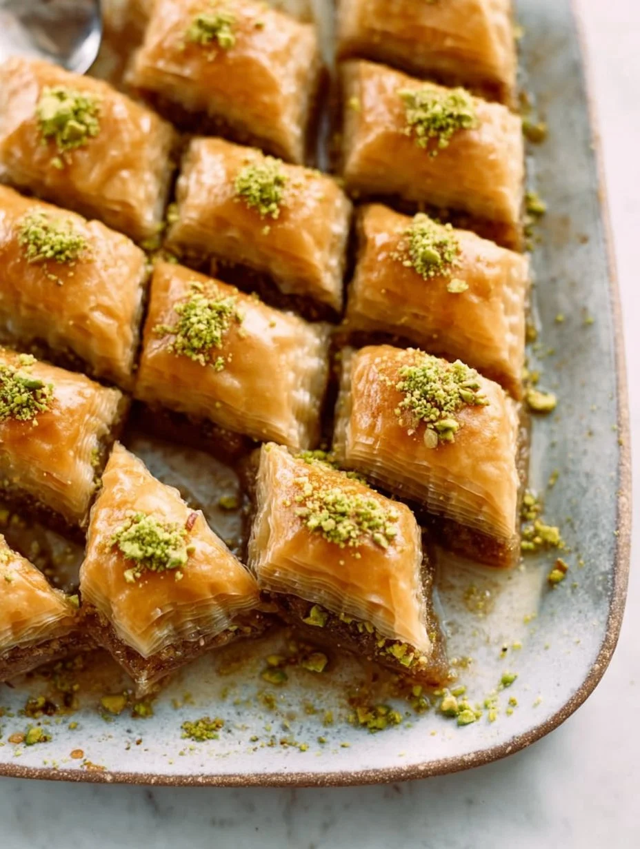 Delicious gluten-free baklava topped with nuts and honey syrup