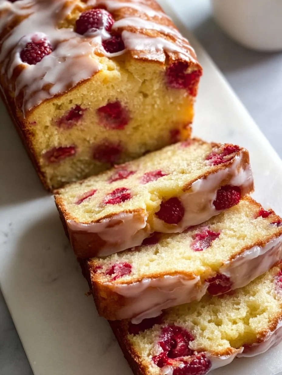 Gluten-free raspberry lemon loaf topped with fresh raspberries and lemon glaze