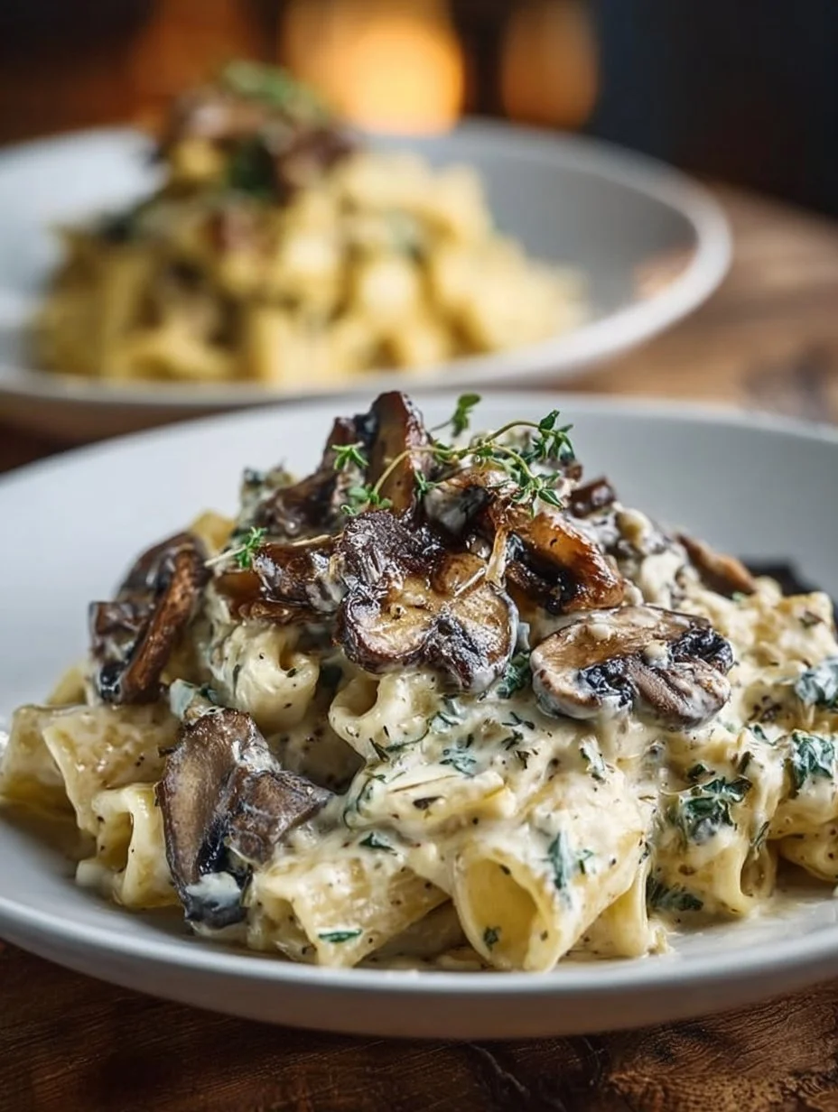 Plate of Gorgonzola truffle cream mushrooms garnished with herbs.