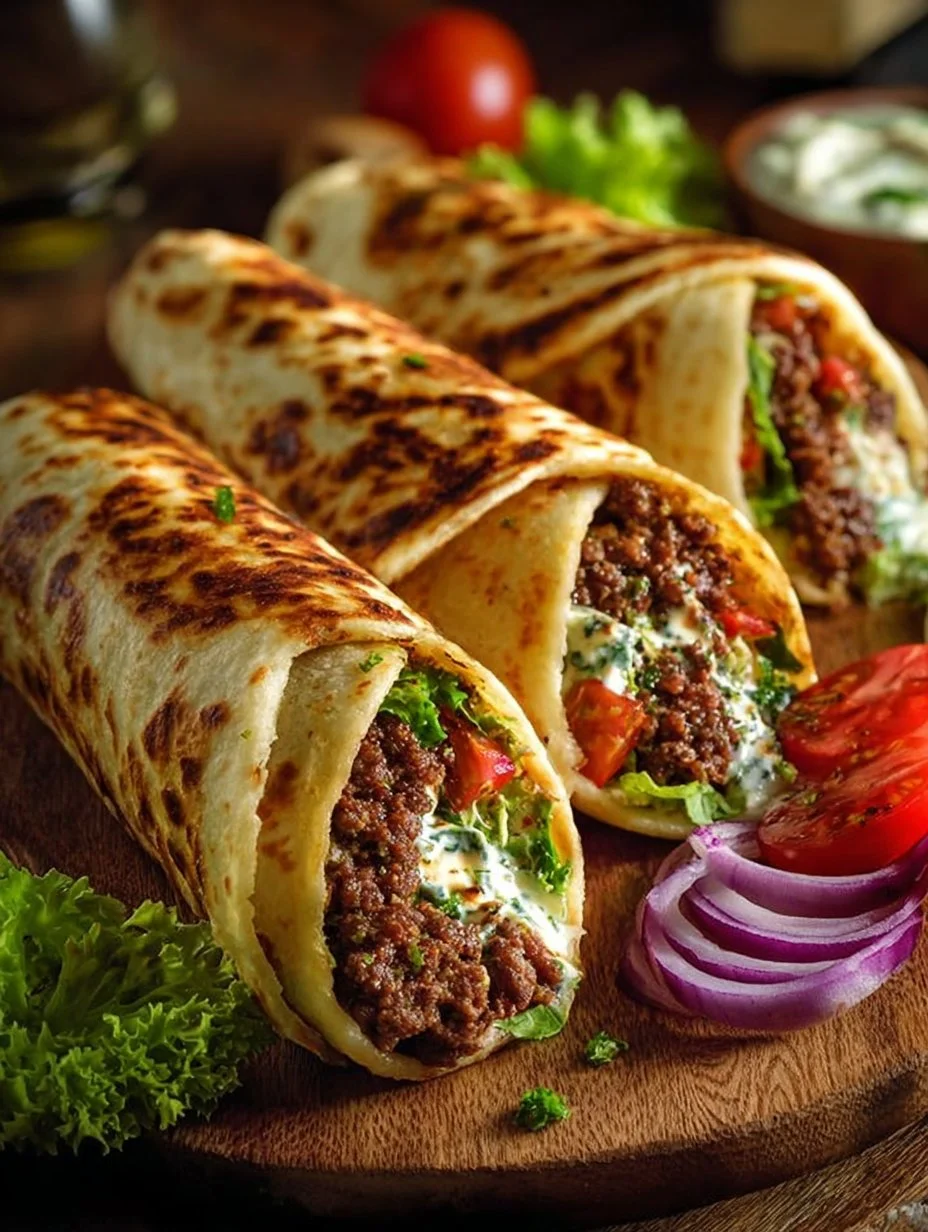 Delicious Greek beef wraps topped with roasted garlic feta sauce on a plate.