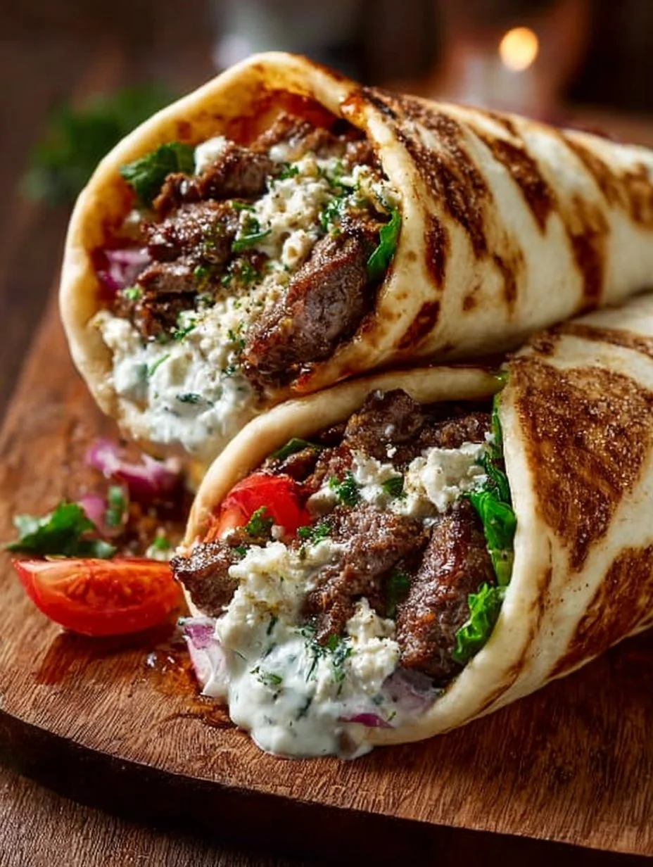 Greek Beef Wraps with Roasted Garlic Feta Sauce