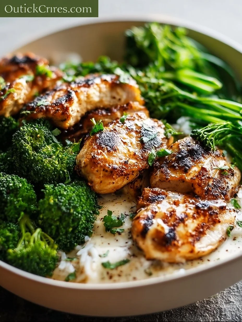 Grilled chicken bowls with broccoli and creamy garlic sauce served in a bowl