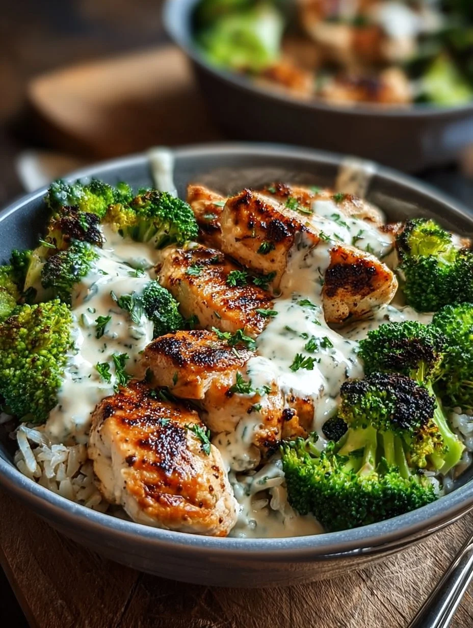 Grilled Chicken and Broccoli Bowls with Creamy Garlic Sauce