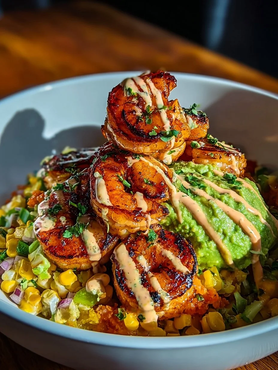 Grilled Shrimp Bowl with Avocado, Corn Salsa & Creamy Sauce