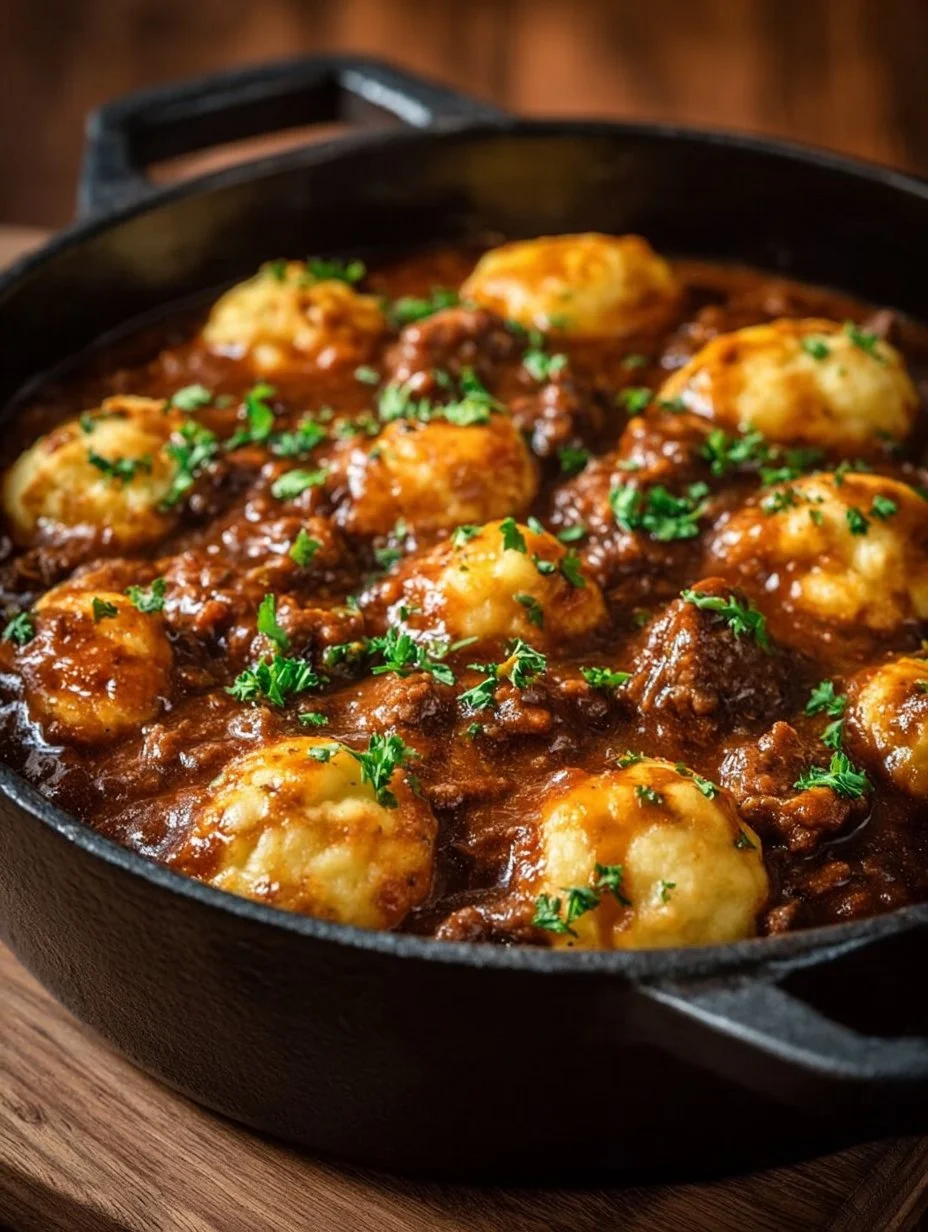 A plate of ground beef and dumplings served with vegetables.