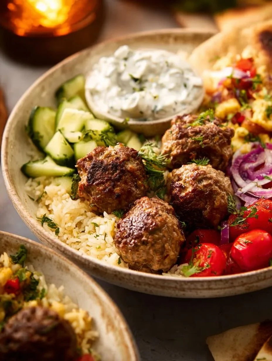A colorful Gyro Bowl topped with grilled meat, fresh vegetables, and sauce.