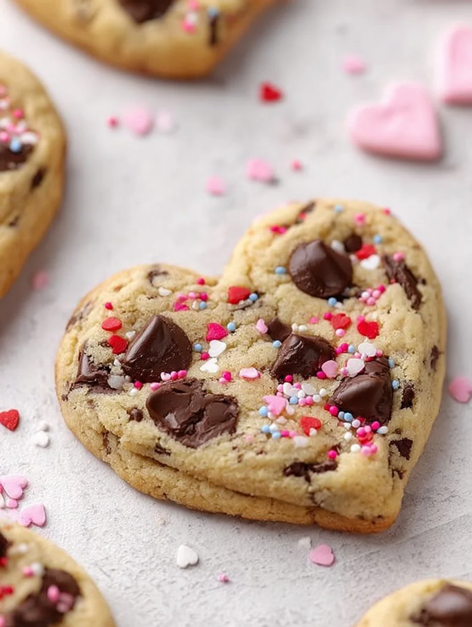Heart-shaped chocolate chip cookies on a plate