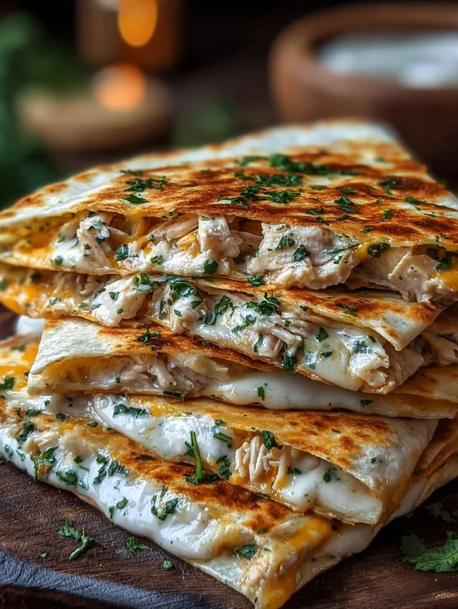 High-protein chicken ranch quesadilla with melted cheese and fresh ingredients