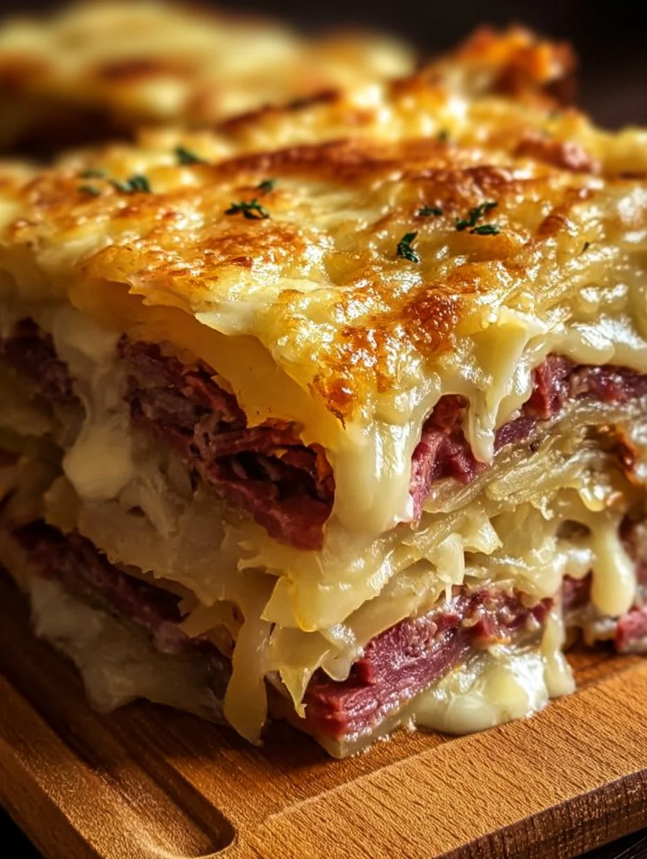 Homemade Reuben Bake topped with melted cheese and served hot.