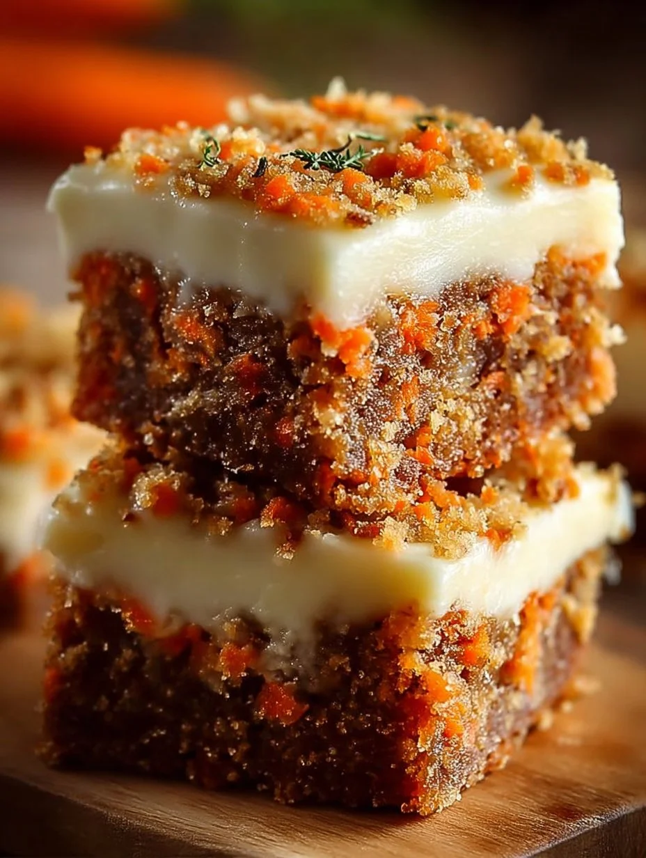 Delicious carrot cake cream cheese bars topped with frosting