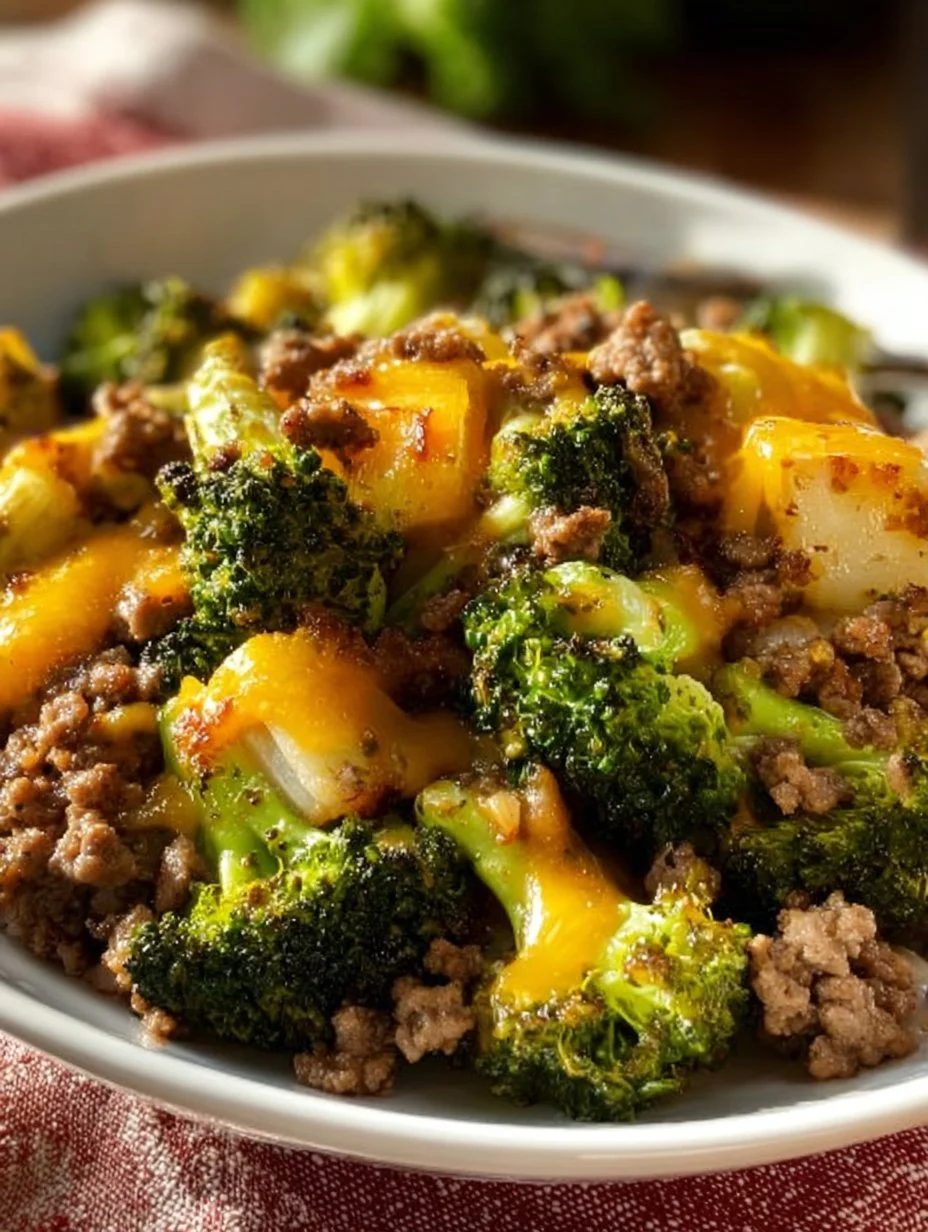 Keto Hamburger Broccoli Skillet served in a cast-iron pan