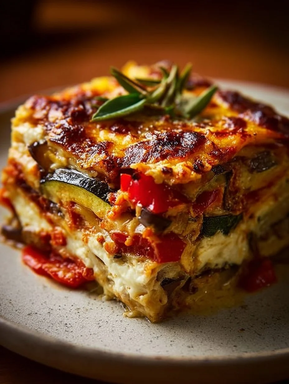Layered Mediterranean vegetable lasagna with creamy ricotta cheese