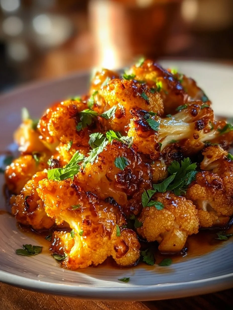 Roasted Maple Sriracha Cauliflower garnished with fresh herbs