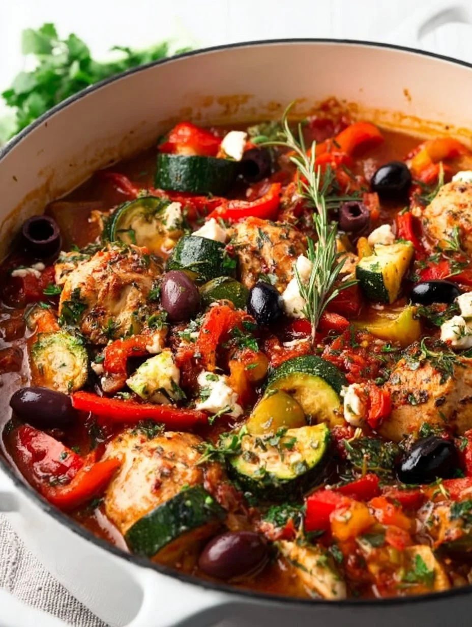 Mediterranean Chicken Casserole with vegetables and herbs in a baking dish.