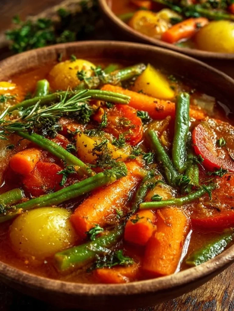 Bowl of old-fashioned vegan stew with colorful vegetables and herbs