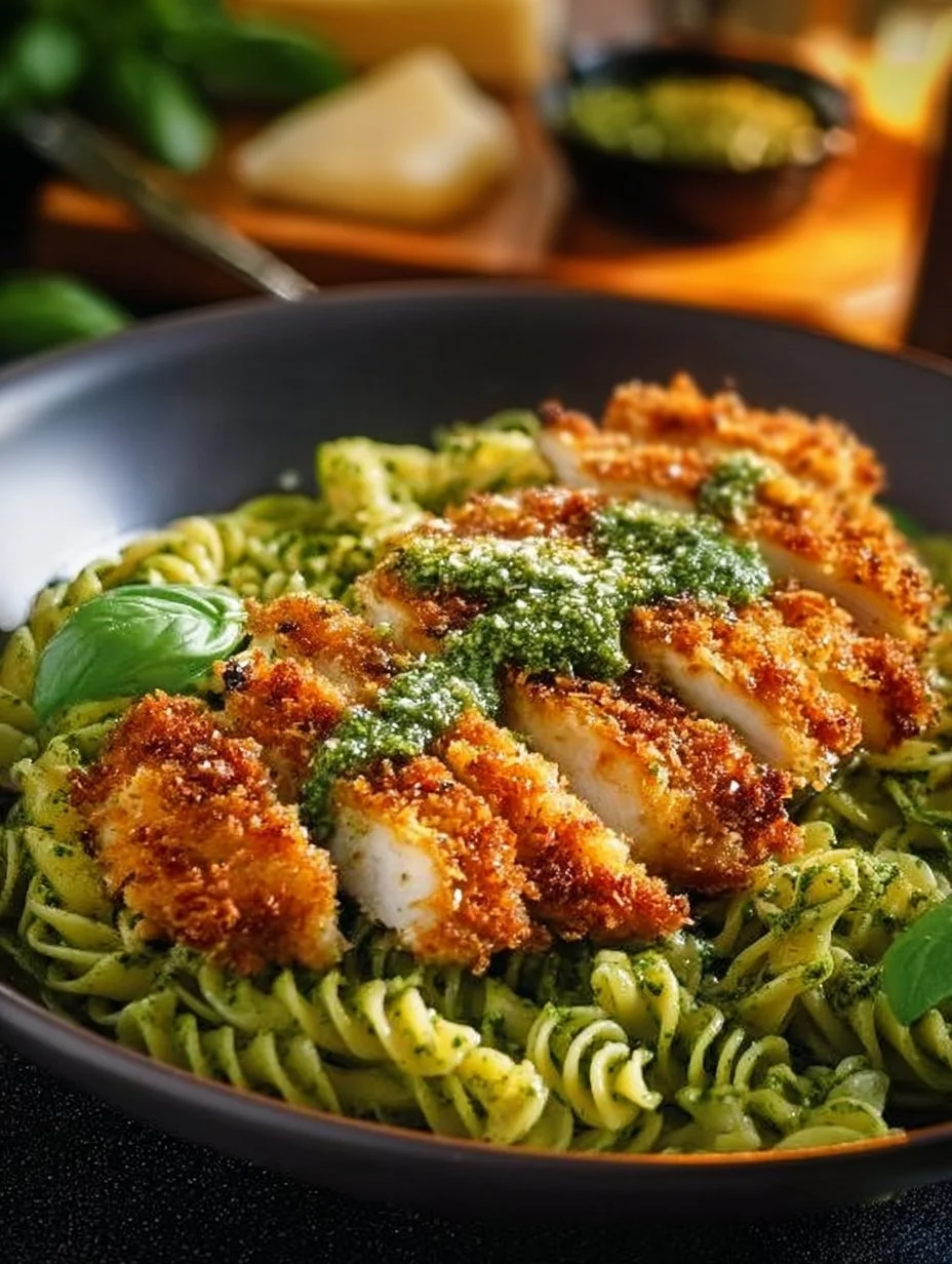 Pesto Pasta with Crispy Parmesan Chicken
