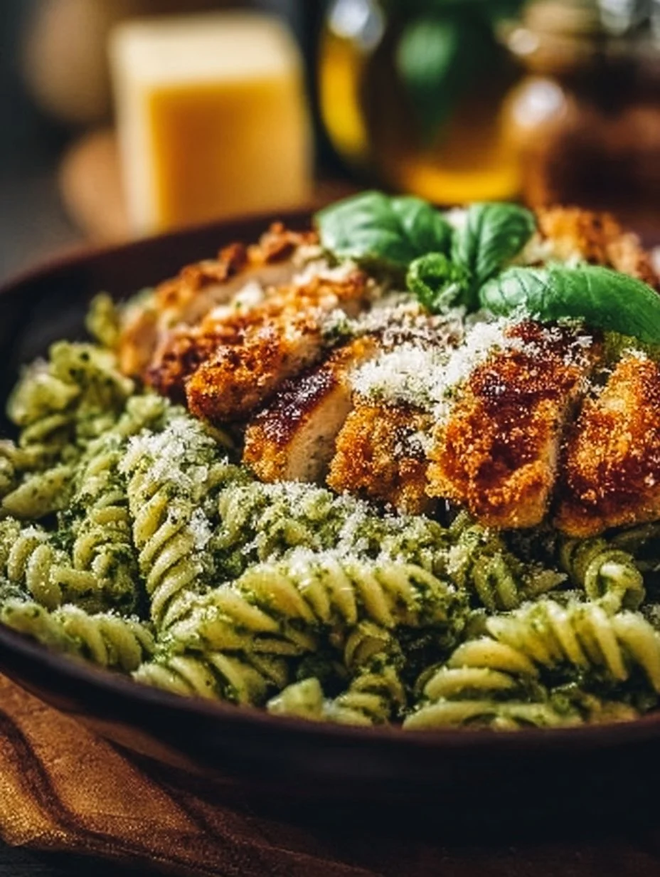 Pesto Pasta with Crispy Parmesan Chicken