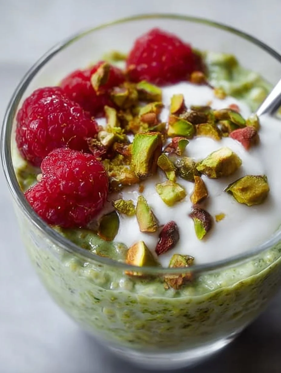 Delicious pistachio overnight oats topped with fresh fruits and nuts