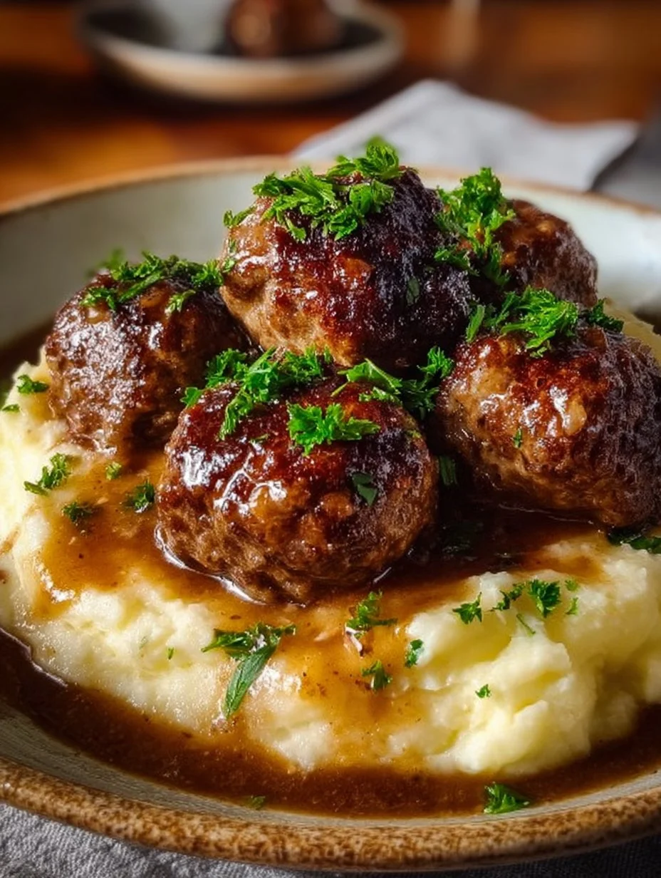 Salisbury steak meatballs on a plate with garlic herb mashed potatoes