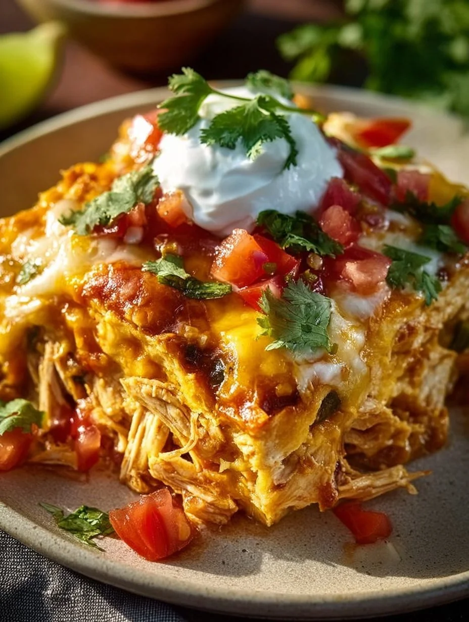 Delicious shredded chicken enchilada casserole served in a baking dish