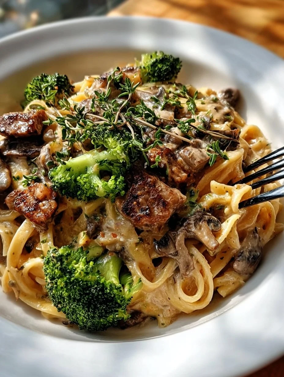 Smoky Parmesan Steak Linguine served with broccoli and mushrooms