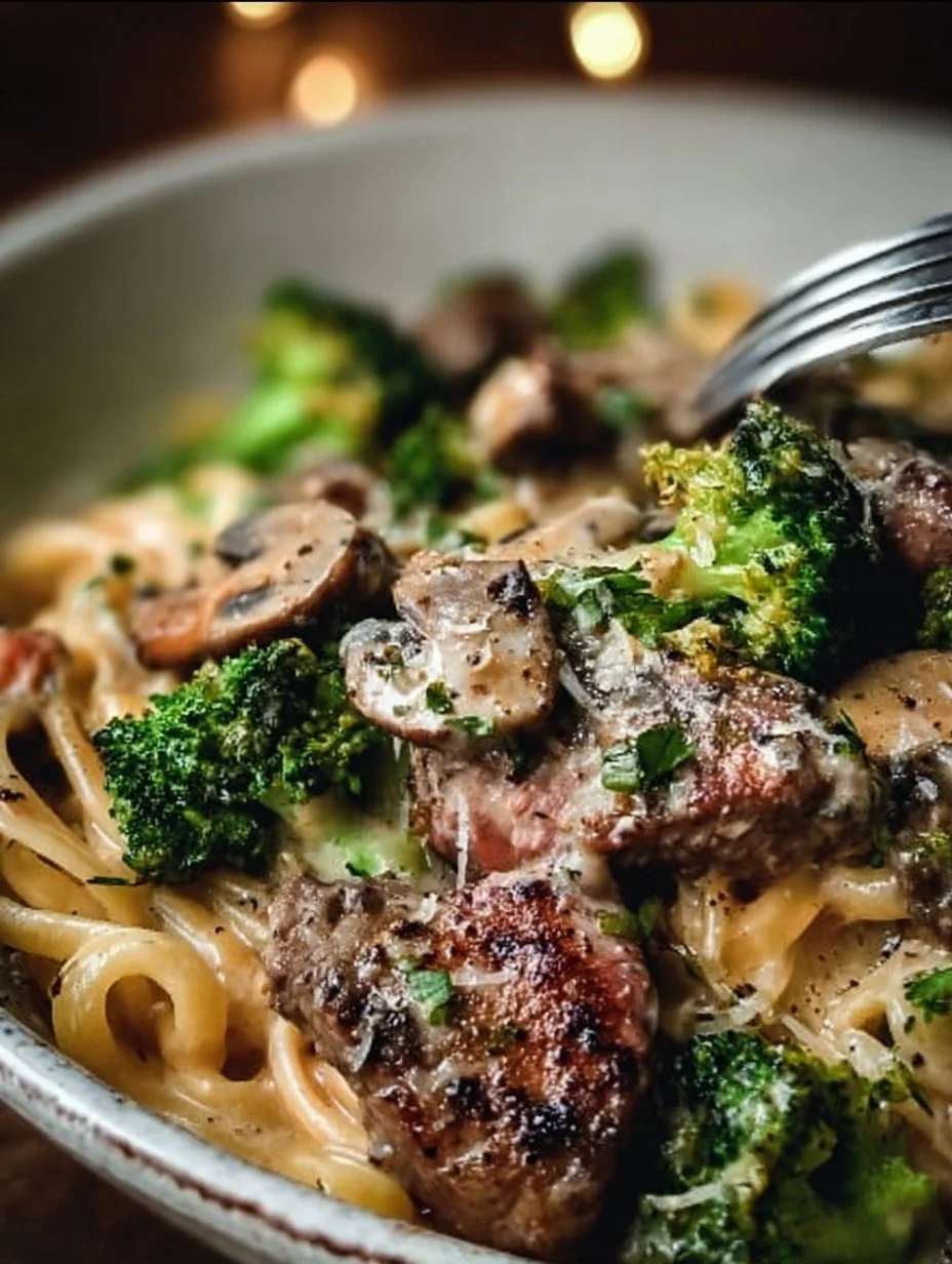 Smoky Parmesan Steak Linguine with Broccoli & Mushrooms