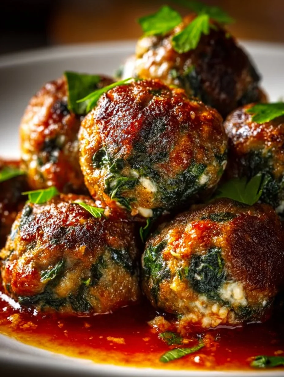 Delicious spinach garlic meatballs served on a wooden platter