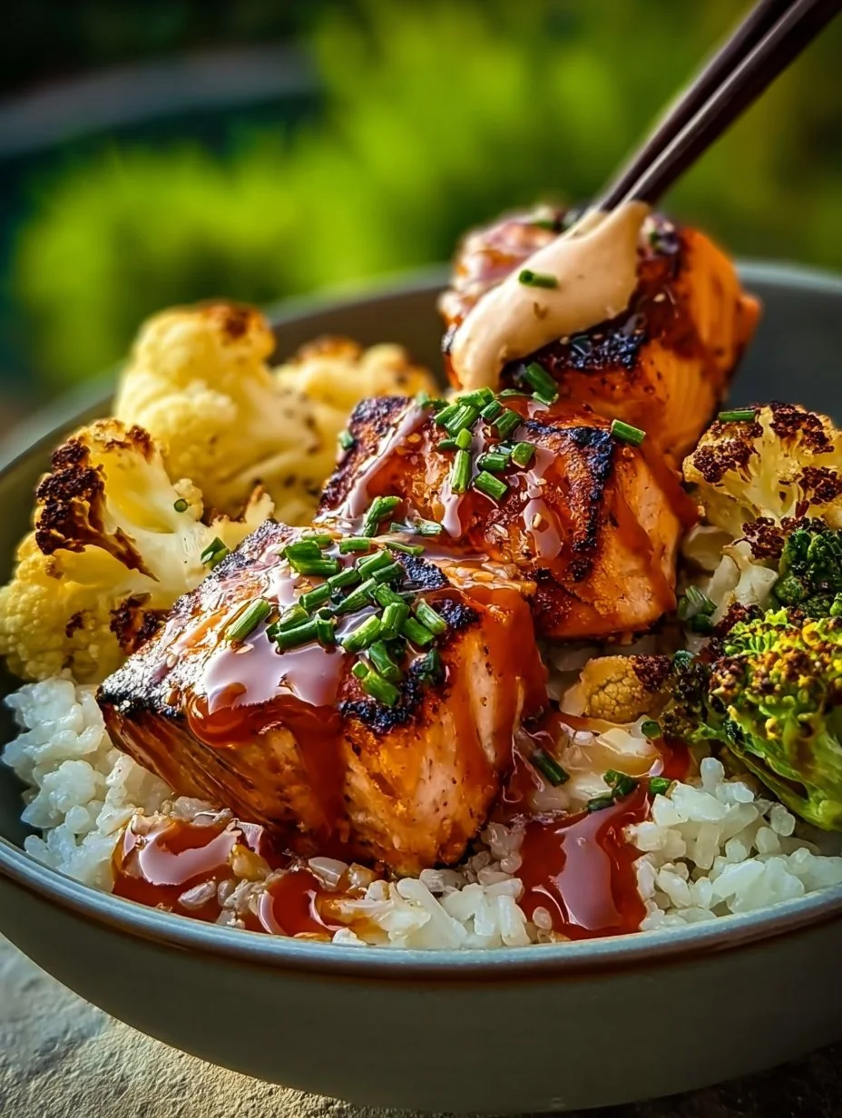 Delicious Sriracha Honey Salmon bowls with colorful vegetables and rice