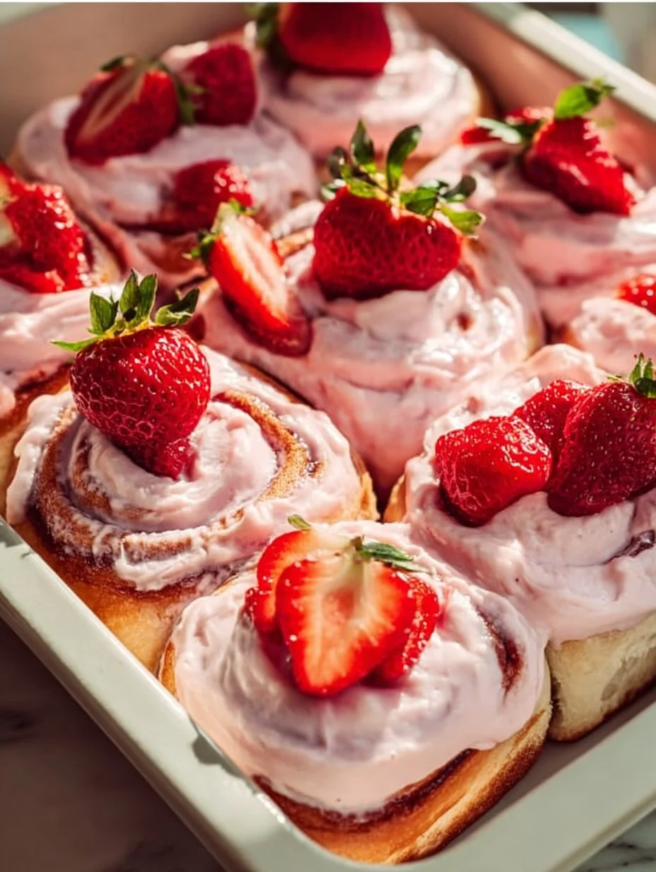 Freshly baked Strawberry Cinnamon Rolls drizzled with icing.