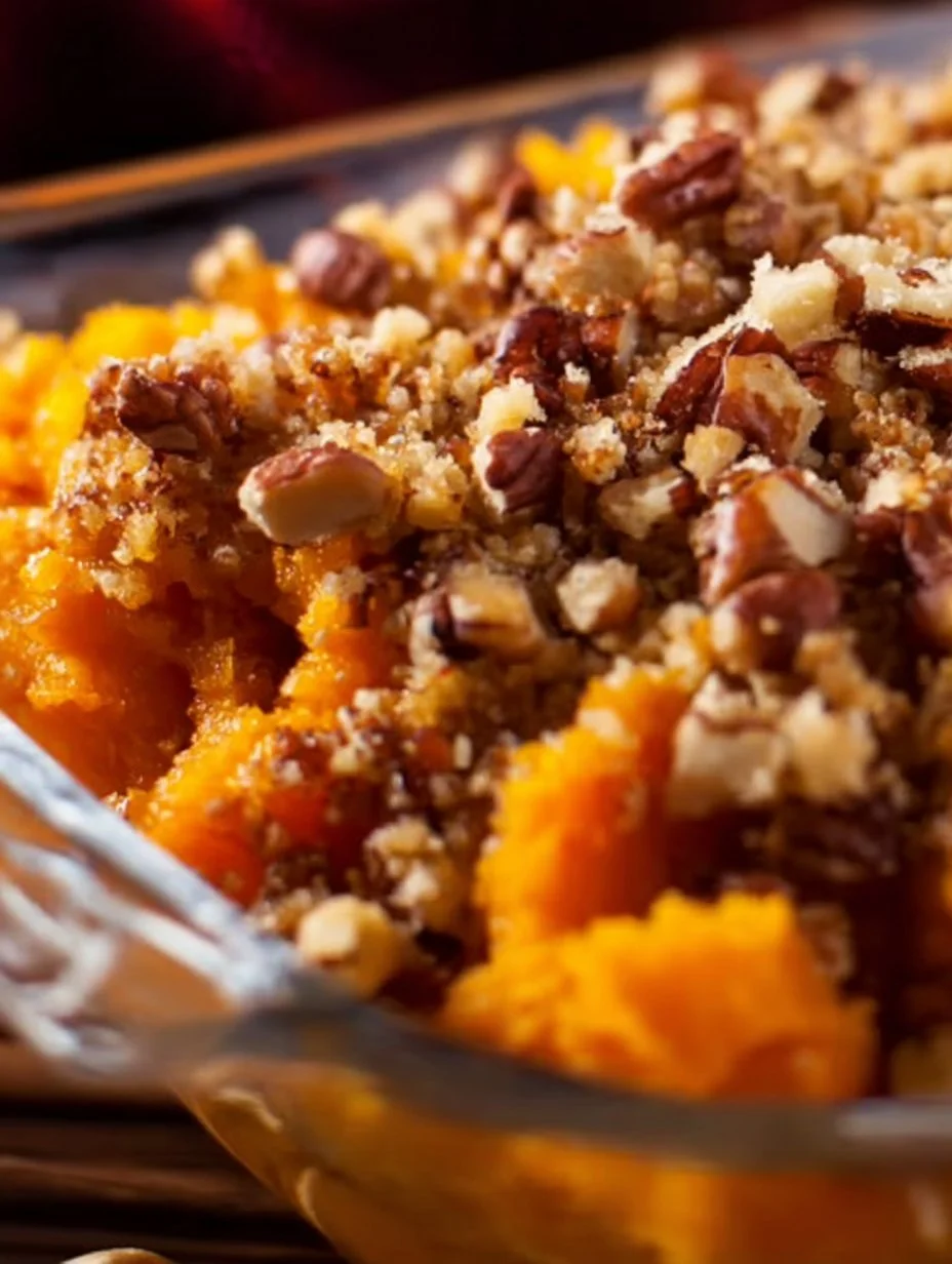 Delicious sweet potato casserole topped with marshmallows and pecans