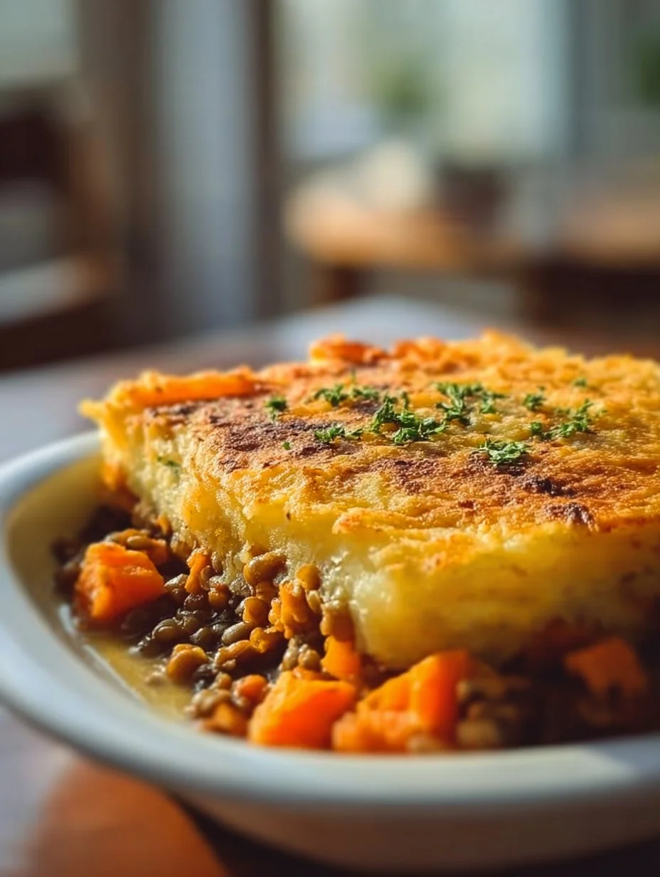 Delicious Sweet Potato & Lentil Shepherd's Pie served in a bowl