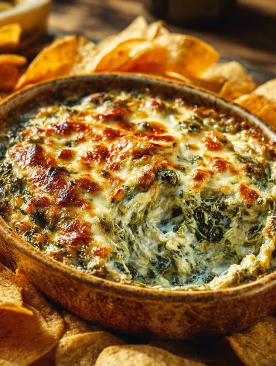 Creamy hot spinach artichoke dip served in a bowl with crackers