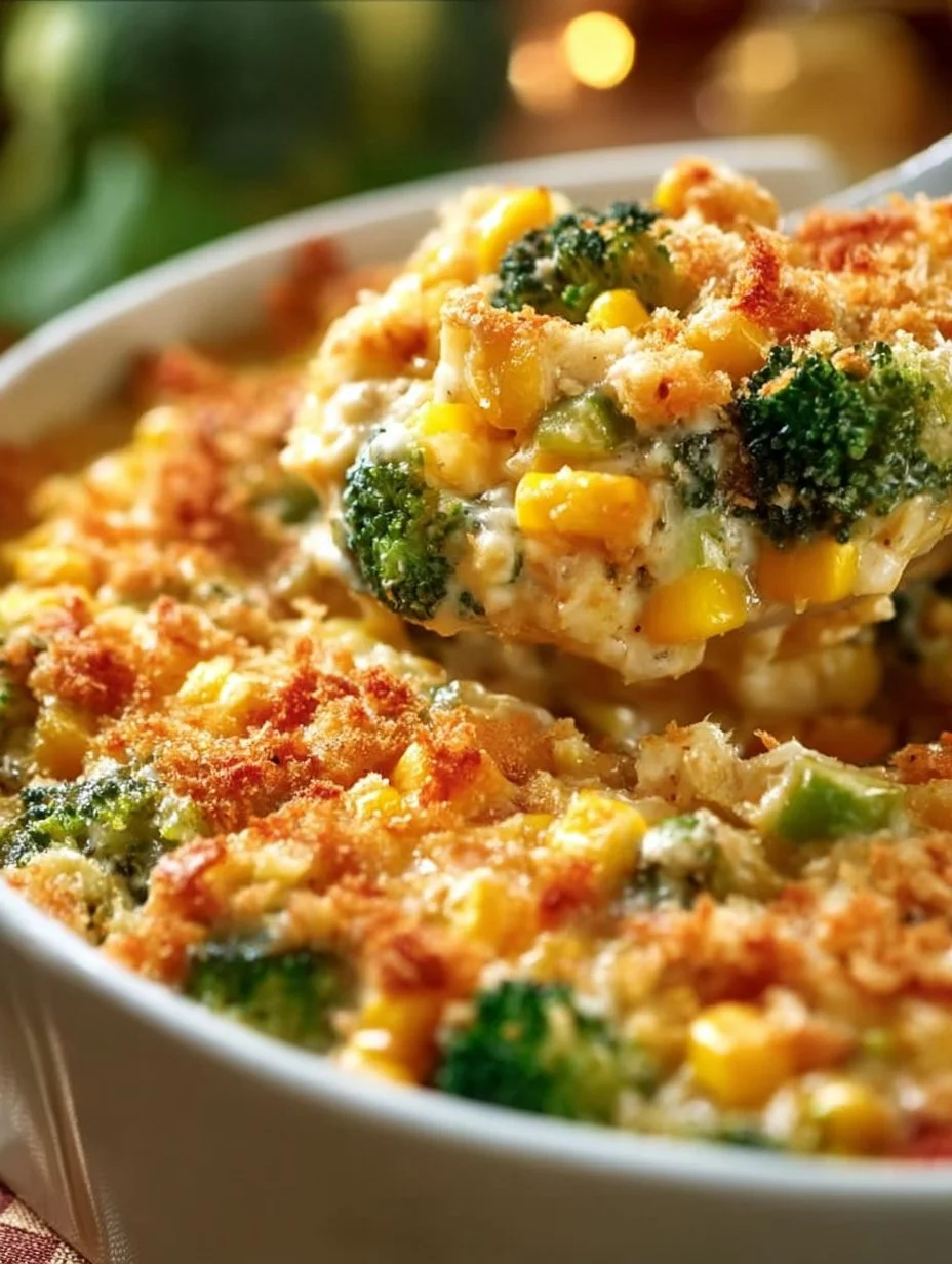Delicious vegetable casserole with fresh vegetables baked in a cheesy layer.