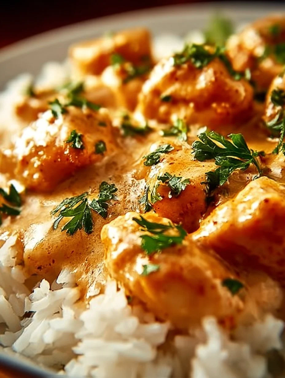 Creamy smothered chicken served over rice, perfect comfort food dish