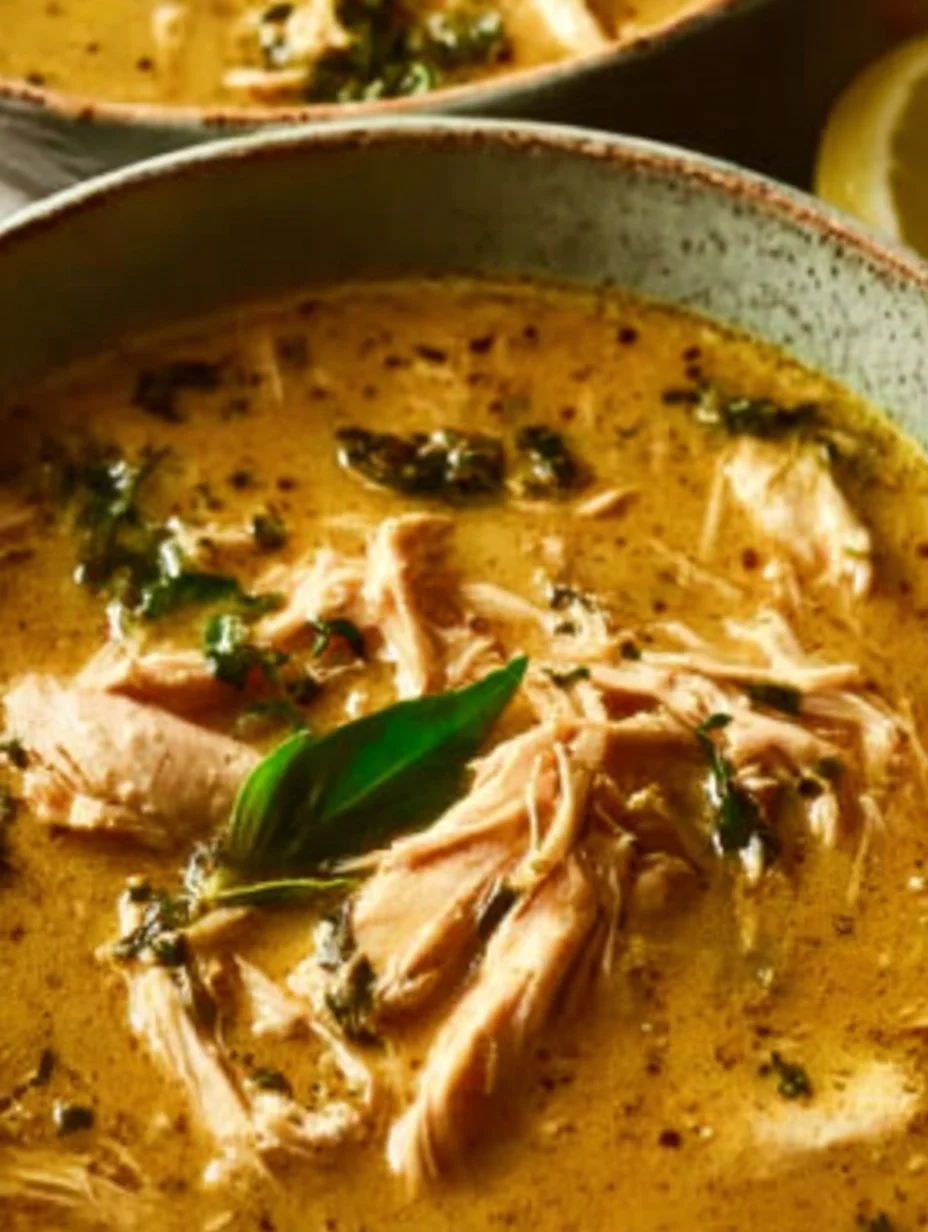 Bowl of crock pot Thai Ginger Chicken Soup with herbs and spices.