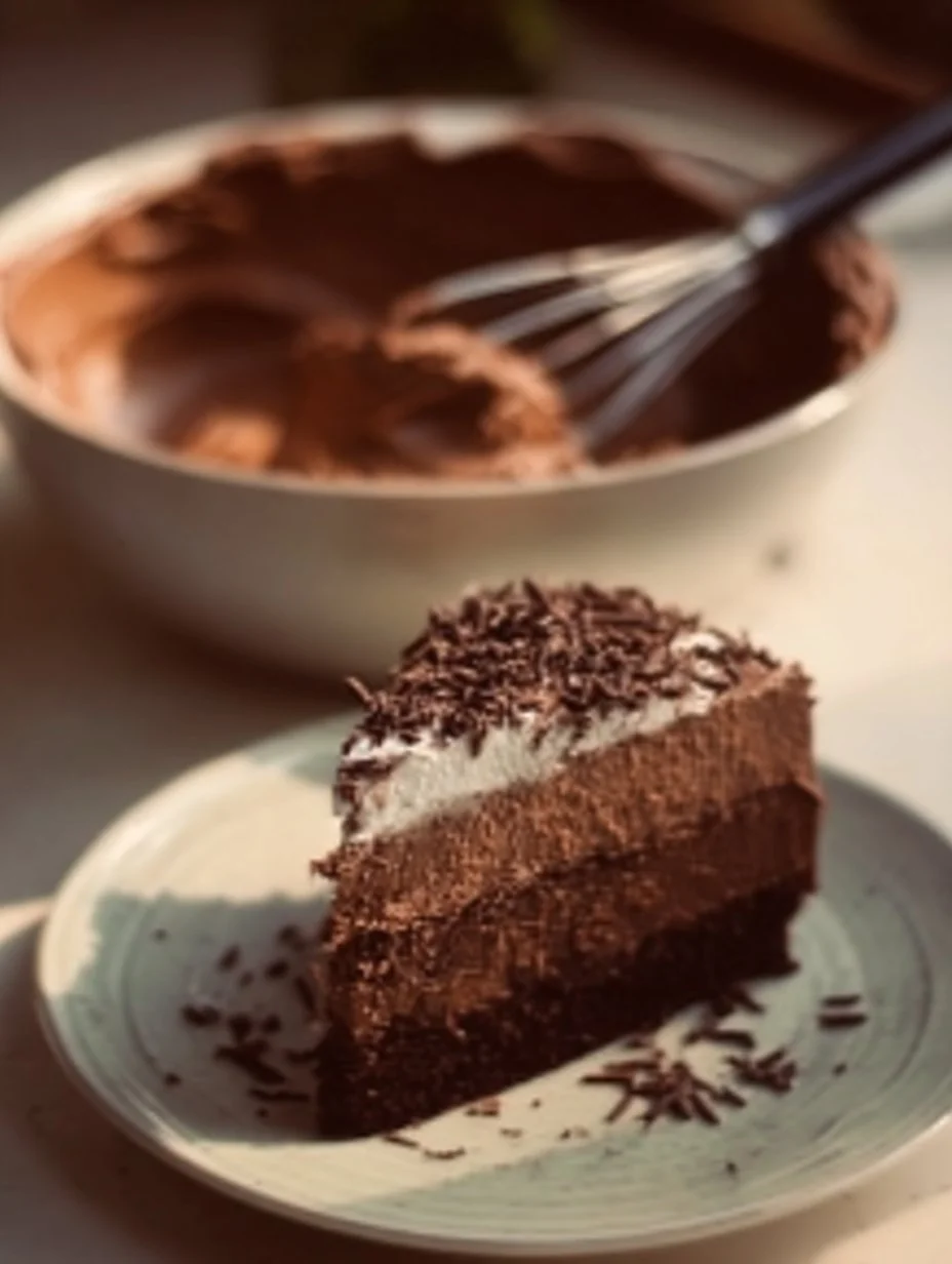 Delicious gluten-free chocolate mousse cake topped with whipped cream and chocolate shavings.